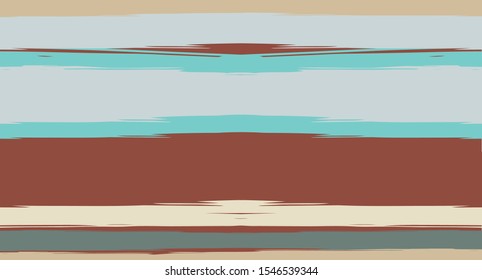 Blue, Brown Vector Watercolor Sailor Stripes Drawn Seamless Summer Pattern. Horizontal Brushstrokes Retro Vintage Grunge Fabric Texture Design. Brush Painted Ink Trace, Geometric Autumn Print