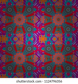 Blue, brown and violet colors vector seamless pattern with many flowers.