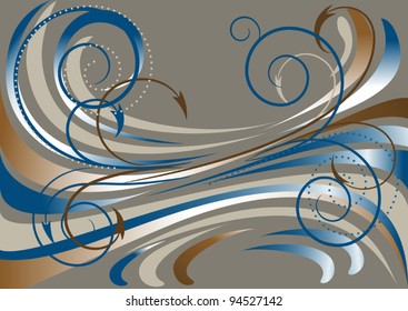 Blue and brown waves, and arrows on a dark gray background.