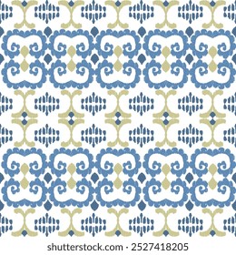 Blue, brown, and white embroidery, motif ethnic ikat seamless textile illustration, print striped ornament, pattern, design for wrapping, silk, scarf, clothing, background, textile, carpets, curtains.