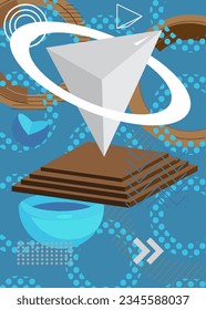 Blue, Brown and white retro geometrical graphic theme cover. Minimal geometric elements, vintage poster design. Abstract shapes template for banner.