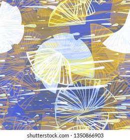 Blue, brown, white seamless texture with floral elements and blots. Abstract vector background.