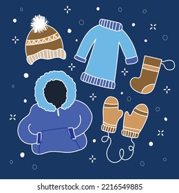 Blue and Brown Winter Clothing isolate on navy background. Doodle winter clothed elements.