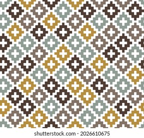Blue, brown, yellow and pastel brown kilim seamless pattern. Squares Pixel Art Pattern. Checked Monochrome Seamless Pattern for Modern Design in Flat Style. Tileable Geometric Vector Background.