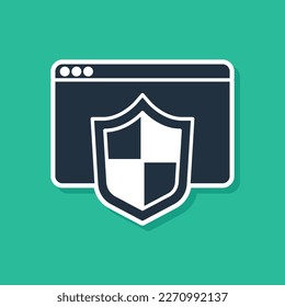 Blue Browser with shield icon isolated on green background. Security, safety, protection, privacy concept.  Vector