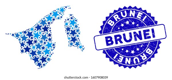 Blue Brunei map composition of stars, and scratched round stamp. Abstract geographic scheme in blue color hues. Vector Brunei map is created of blue stars.