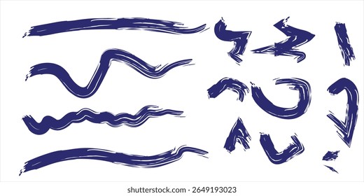 traçado do pincel azul isolado no plano de fundo. Traçados de pincel vetorial para tinta, elementos de design grunge, banners, design de aquarela, textura suja. Traçados de pincel na moda, ilustração de vetor