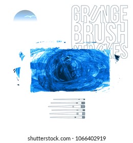 Blue brush stroke and texture. Grunge vector abstract hand - painted element. Underline and border design.