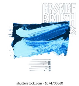 Blue brush stroke and texture. Grunge vector abstract hand - painted element. Underline and border design.
