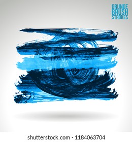 Blue brush stroke and texture. Grunge vector abstract hand - painted element. Underline and border design.