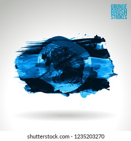 Blue brush stroke and texture. Grunge vector abstract hand - painted element. Underline and border design.