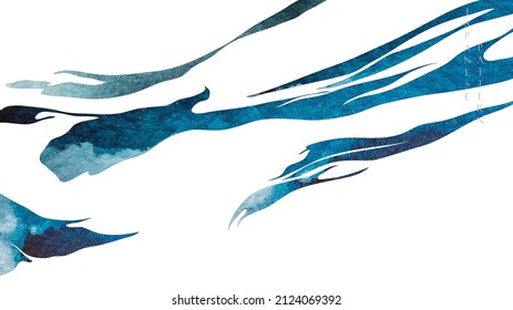 Blue brush stroke texture with Japanese ocean wave pattern in vintage style. Abstract art banner design with watercolor texture vector.