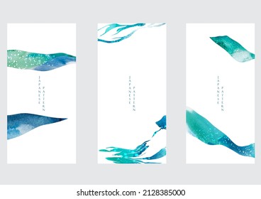 Blue brush stroke texture with Japanese ocean wave pattern in vintage style. Abstract art landscape banner design with watercolor texture card design vector.