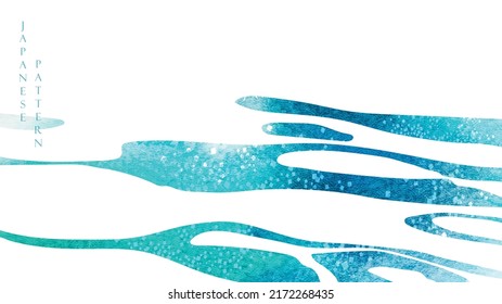 Blue brush stroke texture with Japanese ocean wave pattern in vintage style. Abstract art landscape banner design with watercolor texture vector. Water color surface