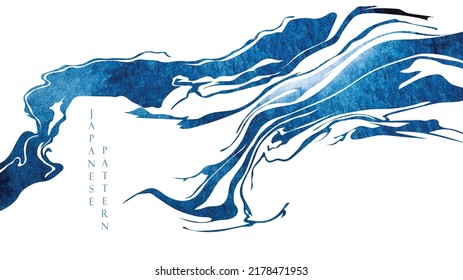 Blue brush stroke texture with Japanese ocean wave pattern in vintage style. Abstract art landscape banner design with watercolor texture vector - Shutterstock ID 2178471953
