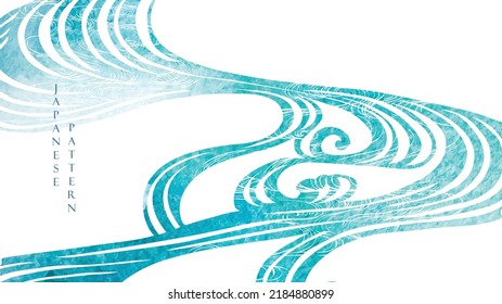 Blue brush stroke texture with Japanese ocean wave pattern in vintage style. Abstract art landscape banner design with watercolor texture vector. Hand drawn wave