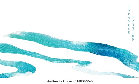 Blue brush stroke texture with Japanese ocean wave pattern in vintage style. Abstract art landscape banner design with watercolor texture vector. Marine concept.