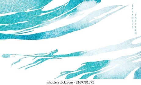 Blue brush stroke texture with Japanese ocean wave pattern in vintage style. Abstract art landscape banner design with watercolor texture vector. Marine concept.