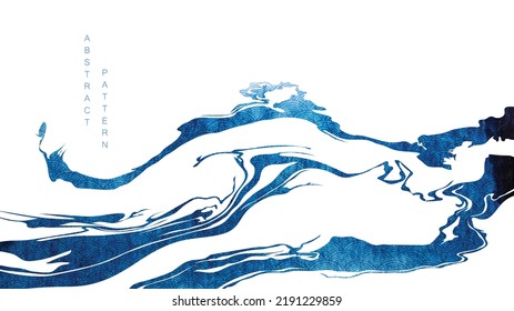 Blue brush stroke texture with Japanese ocean wave pattern in vintage style. Abstract art landscape banner design with watercolor texture vector. Marine concept background.
