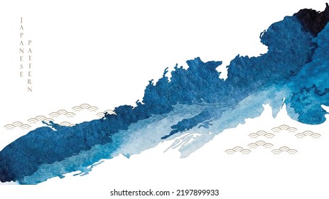 Textura de pincel azul con patrón de onda oceánica japonés en estilo vintage. Resumen de arte diseño de banner de paisaje con vector de textura de acuarela