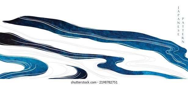 Blue brush stroke texture with Japanese ocean wave pattern in vintage style. Abstract art landscape banner design with watercolor texture vector. Hand drawn line element.