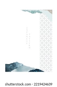 Blue brush stroke texture with Japanese geometric pattern in vintage style. Abstract art landscape art banner design with watercolor texture vector