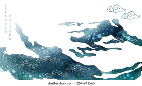 Blue brush stroke texture with Japanese ocean wave pattern in vintage style. Abstract art landscape banner design with watercolor texture vector. Asian traditional icon.