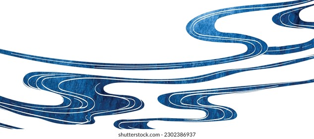 Blue brush stroke texture with Japanese ocean wave pattern in vintage style. Abstract art landscape banner design with watercolor texture vector. Hand drawn line.