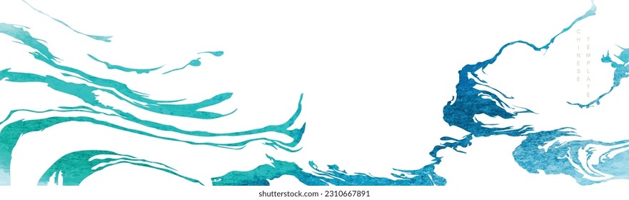 Blue brush stroke texture with Japanese ocean wave pattern in vintage style. Abstract art landscape banner design with watercolor texture vector. Marine concept.