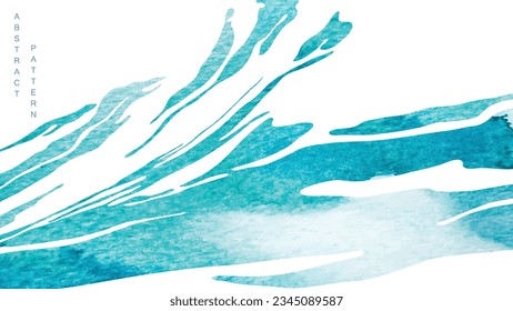 Textura de pincel azul con patrón de onda oceánica japonés en estilo vintage. Resumen de diseño de banner de paisajes de arte con vector de textura de acuarela.