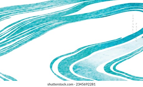 Textura de pincel azul con patrón de onda oceánica japonés en estilo vintage. Resumen de arte diseño de banner de paisaje con vector de textura de acuarela