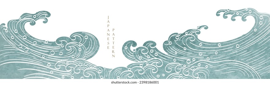 Blue brush stroke texture with Japanese ocean wave pattern in vintage style. Abstract art landscape banner design with watercolor texture vector. Marine concept