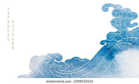 Blue brush stroke texture with Japanese ocean wave pattern in vintage style. Abstract art landscape banner design with watercolor texture vector