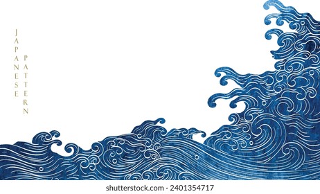 Blue brush stroke texture with Japanese ocean wave pattern in vintage style. Abstract art landscape banner design with watercolor texture vector. Hand drawn line