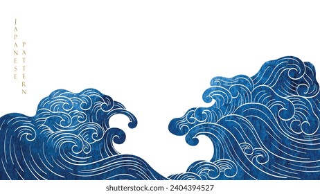 Blue brush stroke texture with Japanese ocean wave pattern in vintage style. Abstract art landscape banner design with watercolor texture vector. Marine concept