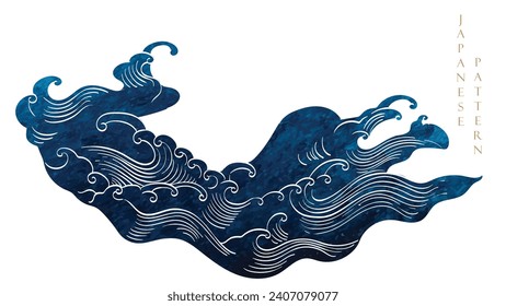 Blue brush stroke texture with Japanese ocean wave pattern in vintage style. Abstract art landscape banner design with watercolor texture vector	