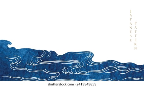 Blue brush stroke texture with Japanese ocean wave pattern in vintage style. Abstract art landscape banner design with watercolor texture vector. Hand drawn line.