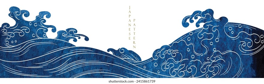 Blue brush stroke texture with Japanese ocean wave pattern in vintage style. Abstract art landscape banner design with watercolor texture vector. Hand drawn line	