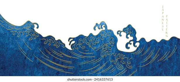 Blue brush stroke texture with Japanese ocean wave pattern in vintage style. Abstract art landscape banner design with watercolor texture vector	