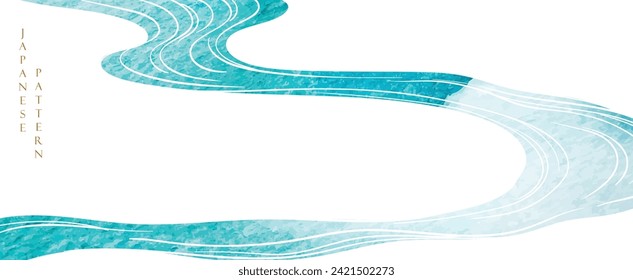 Blue brush stroke texture with Japanese ocean wave pattern in vintage style. Abstract art landscape banner design with watercolor texture vector. Marine concept.