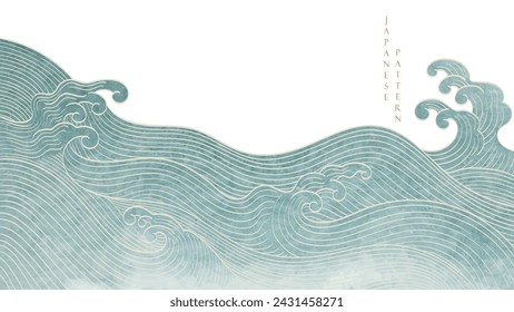 Blue brush stroke texture with Japanese ocean wave pattern in vintage style. Abstract art landscape banner design with watercolor texture vector. Hand drawn line.