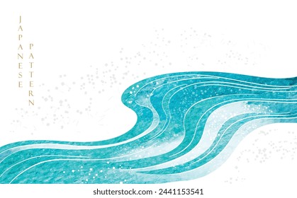 Blue brush stroke texture with Japanese ocean wave pattern in vintage style. Abstract art landscape banner design with watercolor texture vector