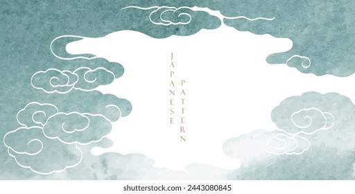 Blue brush stroke texture with Japanese chinses cloud pattern in vintage style. Abstract art landscape banner design with watercolor texture vector.