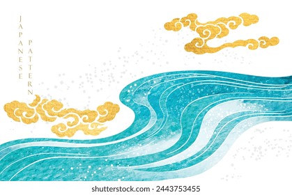 Blue brush stroke texture with Japanese ocean wave pattern in vintage style. Abstract art landscape banner design with watercolor texture vector. Marine concept.