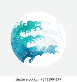 Blue brush stroke texture with Japanese ocean wave pattern in vintage style. Abstract art landscape icon design with watercolor texture vector. Marine concept.
