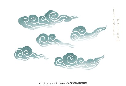 Blue brush stroke texture with Japanese chinses cloud pattern in vintage style. Abstract art landscape banner design with watercolor texture vector.