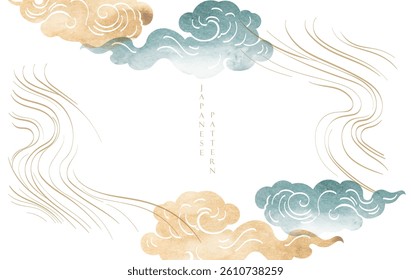 Blue brush stroke texture with Japanese chinses cloud pattern in vintage style. Abstract art landscape banner design with watercolor painting vector.