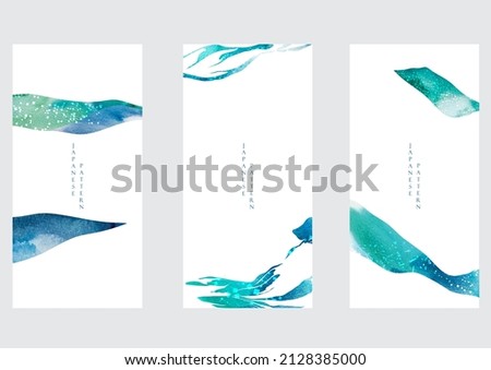 Blue brush stroke texture with Japanese ocean wave pattern in vintage style. Abstract art landscape banner design with watercolor texture card design vector.