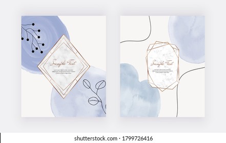 Blue brush stroke watercolor cards with marble geometric frames, lines and leaves.