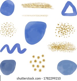 Blue brush stroke watercolor splashes with gold glitter confetti. Modern washes design elements.